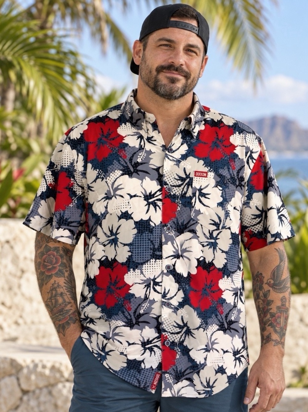 DIXXON Maui Modern Hawaiian Shirt Men’s XL Red Blue Floral Stretch